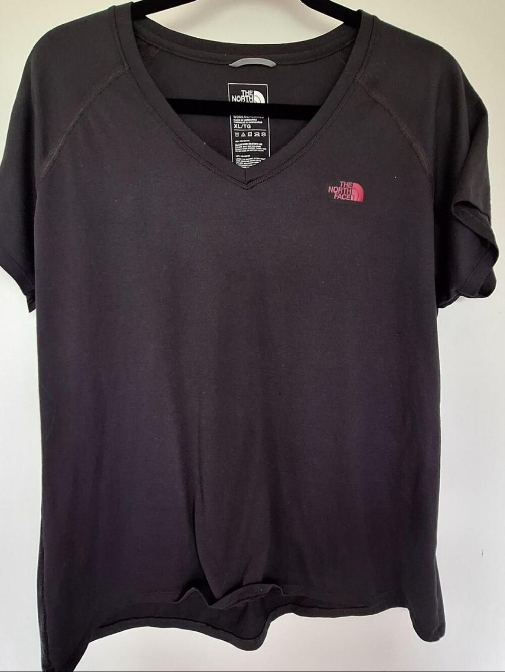 The North Face Black V-Neck Tee with Pink Logo